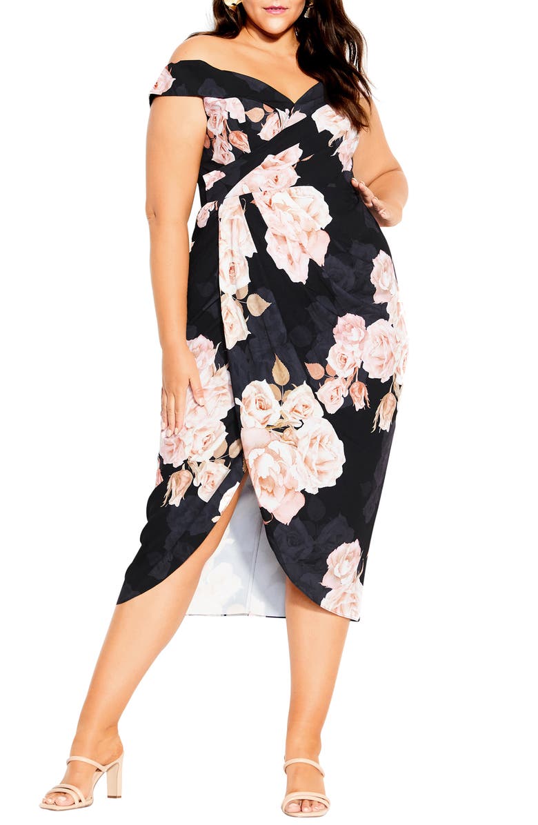 City Chic Amour Floral Print Off the Shoulder Dress, Main, color, 
