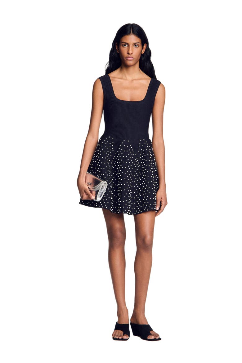 Short knit dress with beads, Alternate, color, Black