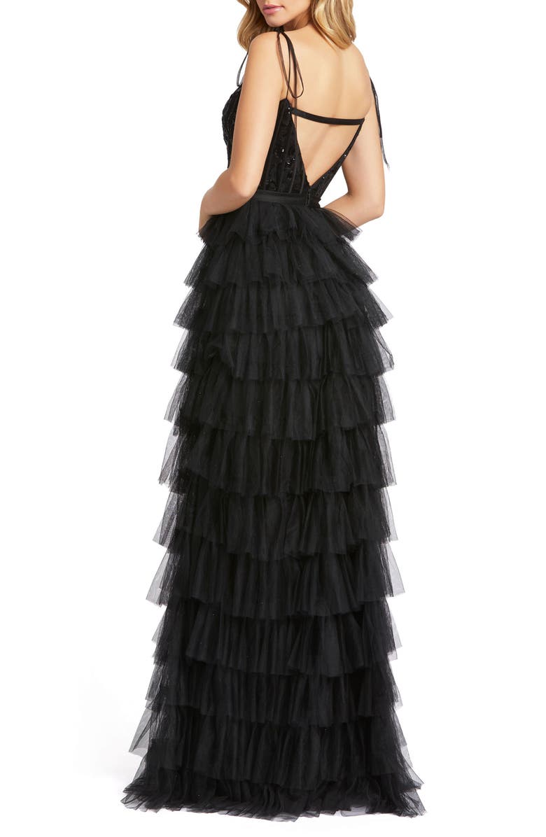 Mac Duggal Women’s Tiered Tulle Ruffle Gown with Sequin Bodice, Alternate, color, Black