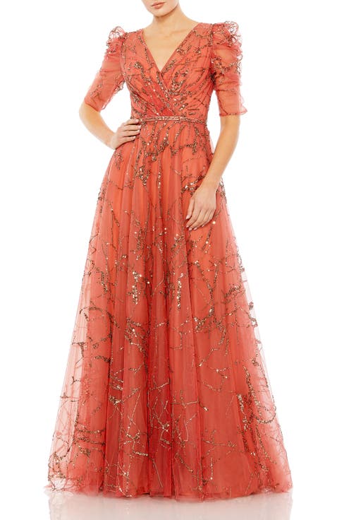 Embellished Gathered Puff Sleeve Faux Wrap Gown