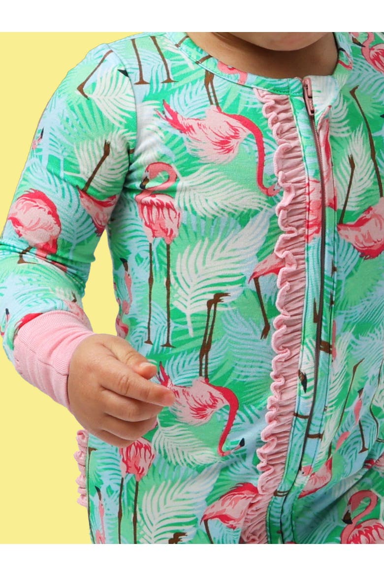 Baby Girls SoftSnooze Convertible Ruffle One Piece Pajama, Alternate, color, Green Vibrant Flamingo