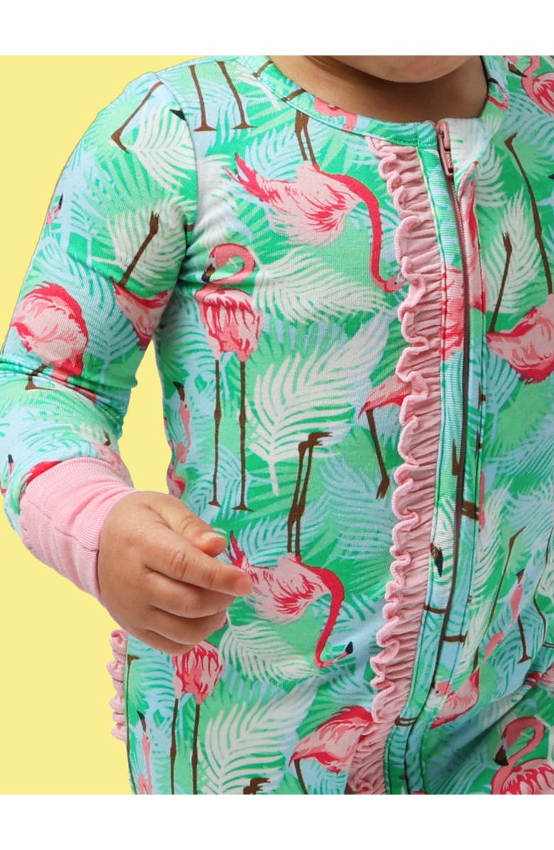 RuffleButts Baby Girls SoftSnooze Convertible Ruffle One Piece Pajama, Alternate, color, Green Vibrant Flamingo