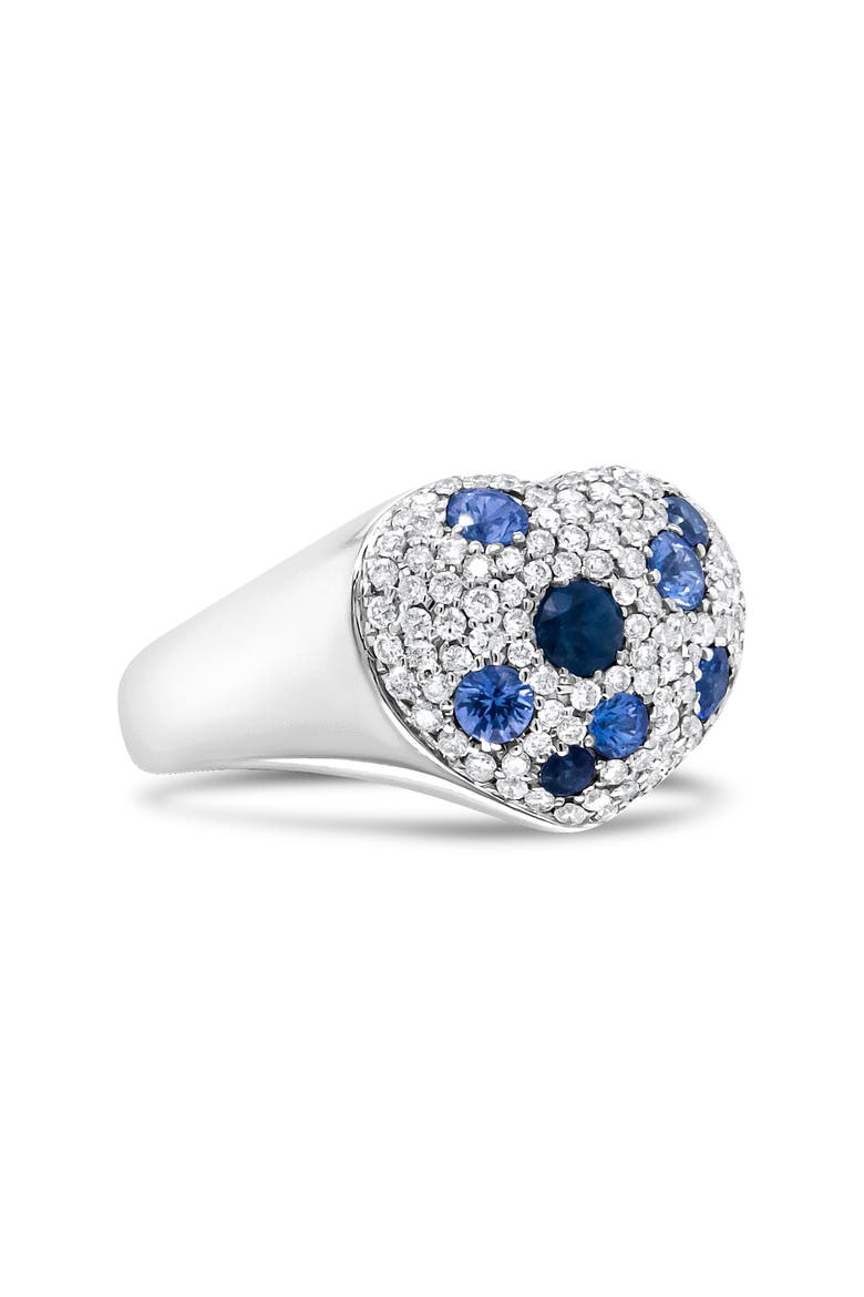 18K White Gold Blue Sapphire and 5/8 Cttw Diamond Cluster Heart Shaped Ring, Alternate, color, White