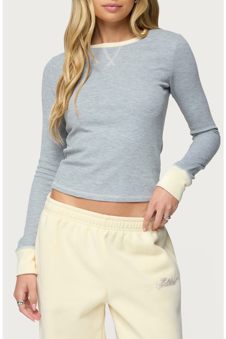 Rora Contrast Trim Crop Cotton Blend Waffle Top, Main, color, GRAY-MELANGE