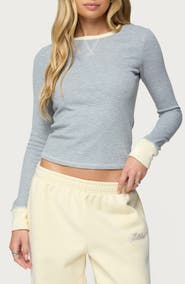 EDIKTED Rora Contrast Trim Crop Cotton Blend Waffle Top