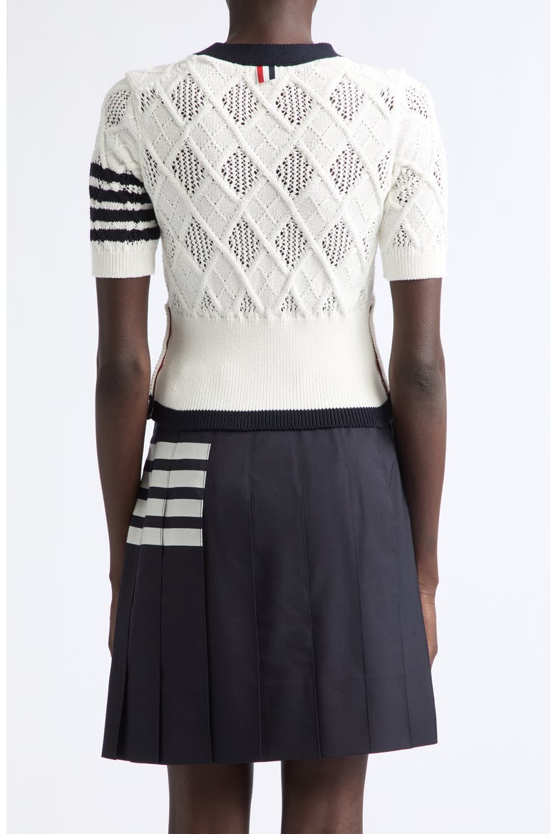 4-Bar Argyle Pointelle Stitch Short Sleeve Cardigan, Alternate, color, WHITE