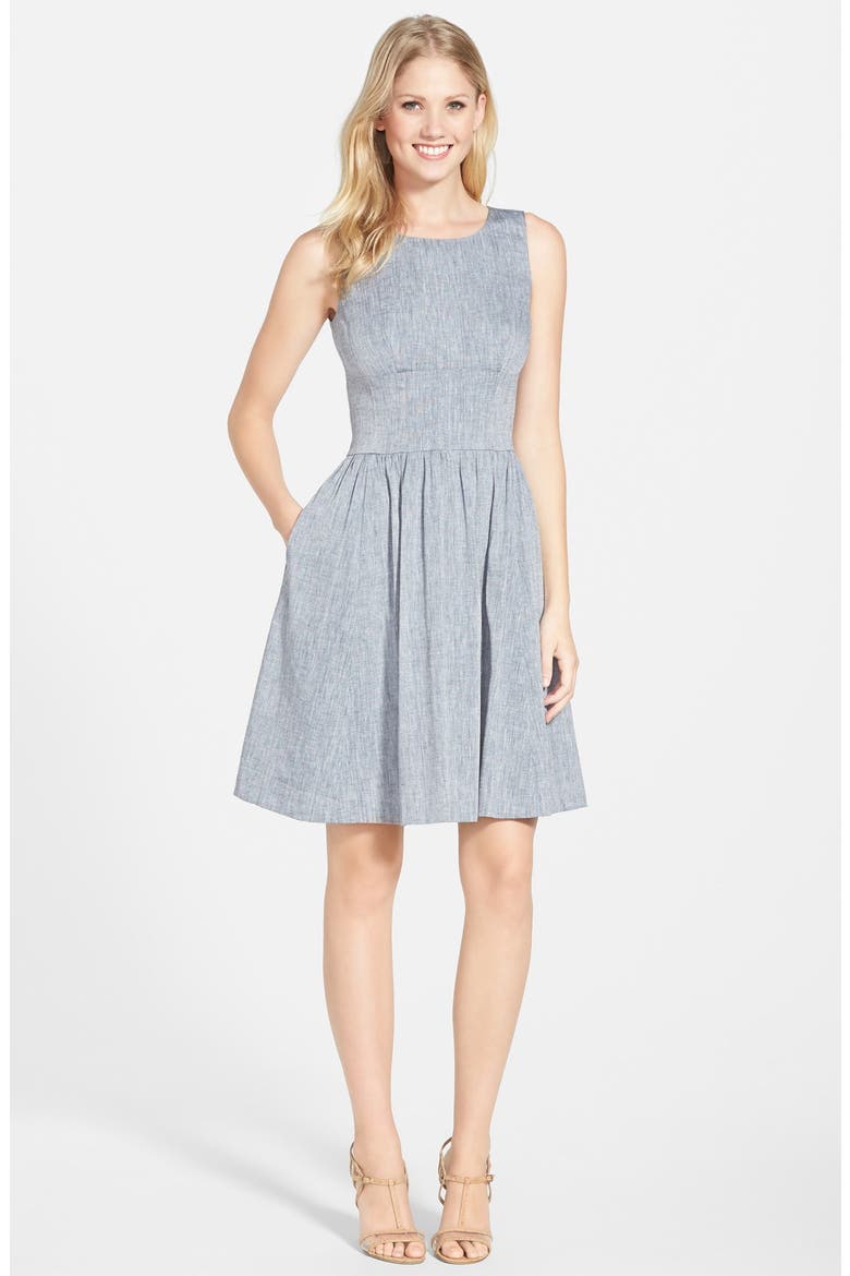 Linen Blend Fit & Flare Dress, Main, color, DARK CHAMBRAY