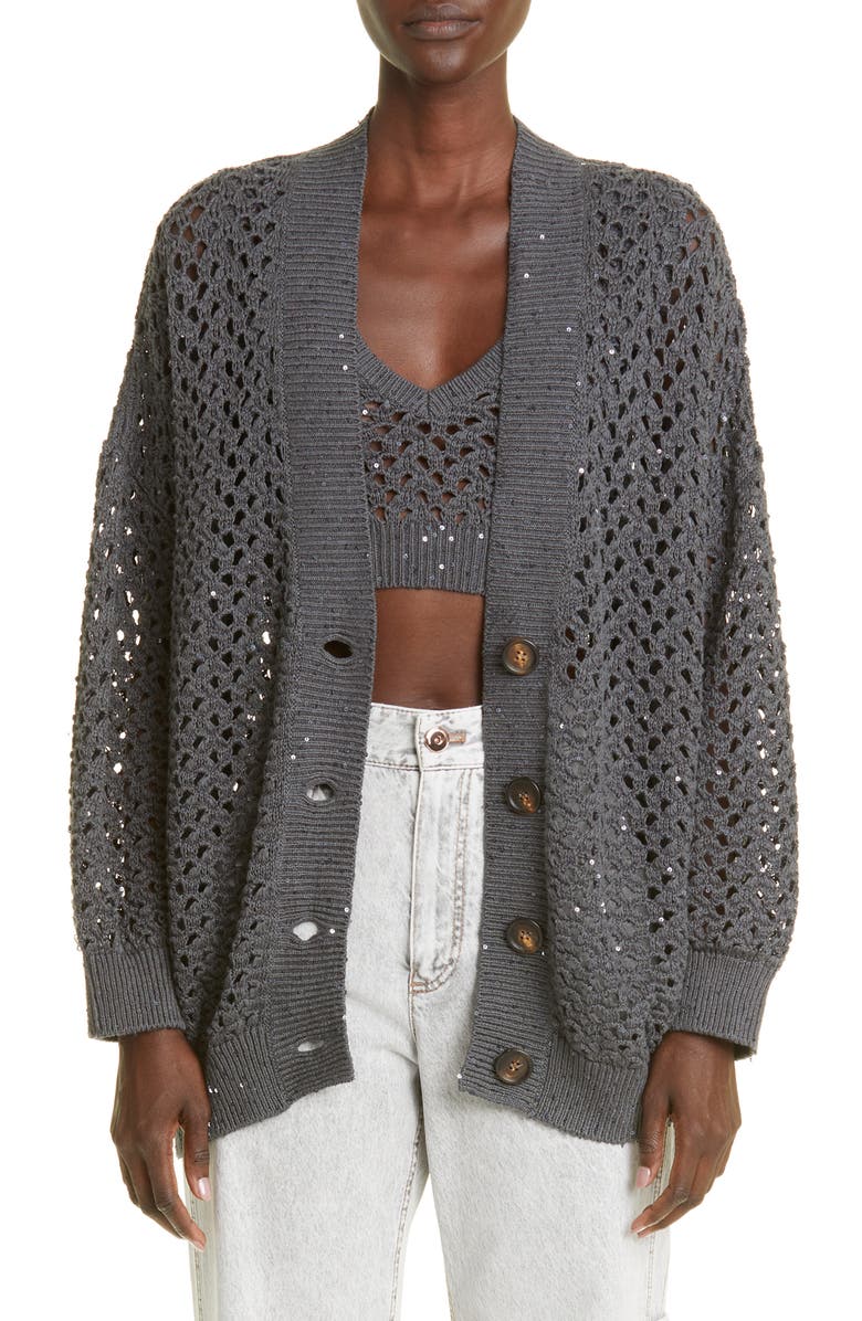 Brunello Cucinelli Sequin Oversize Open Stitch Cardigan, Main, color,