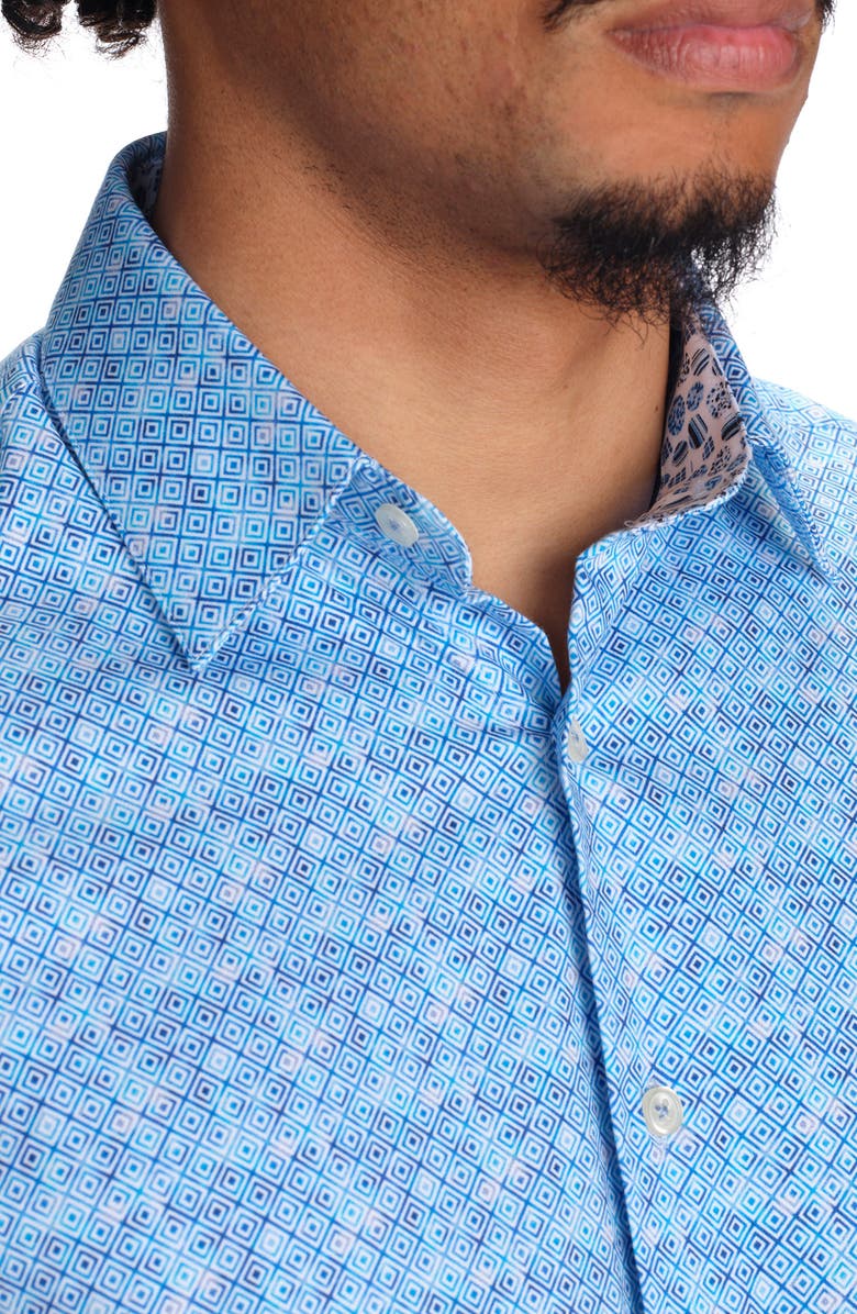 STUDIO GARNET LOS ANGELES Blue Square Print Short Sleeve Stretch Cotton Button-Up Shirt, Alternate, color, Blue