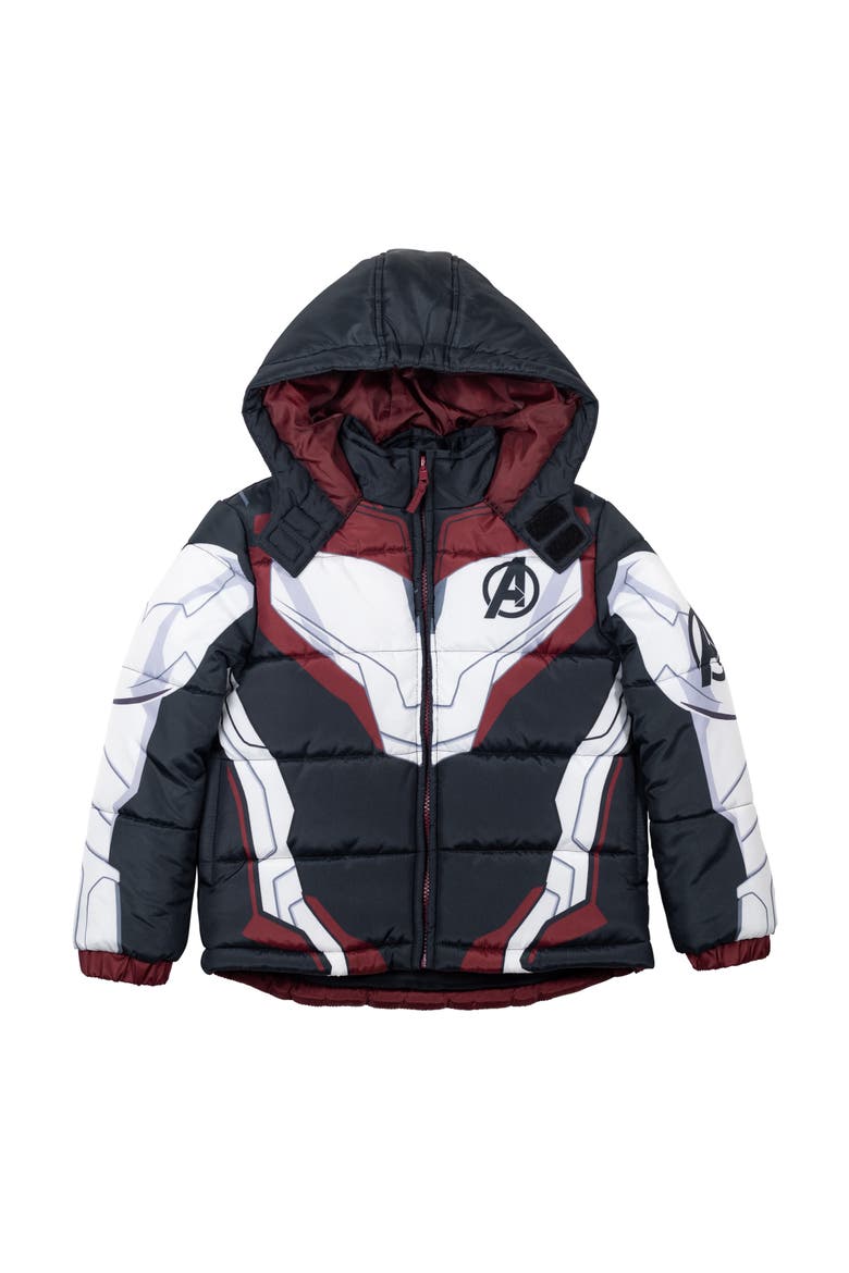 Avengers Hooded Zip-Up Puffer Jacket, Alternate, color, Dark Grey White Red