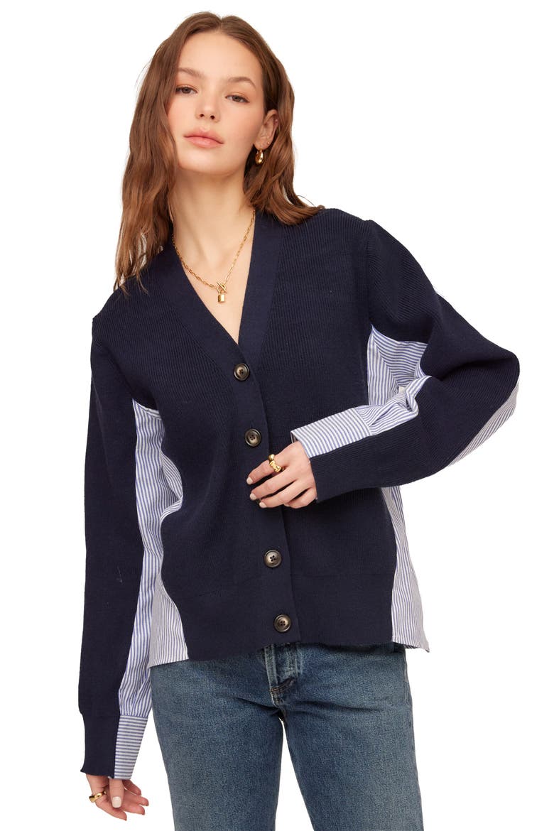 Celine Mixed Media Cardigan, Alternate, color, NAVY