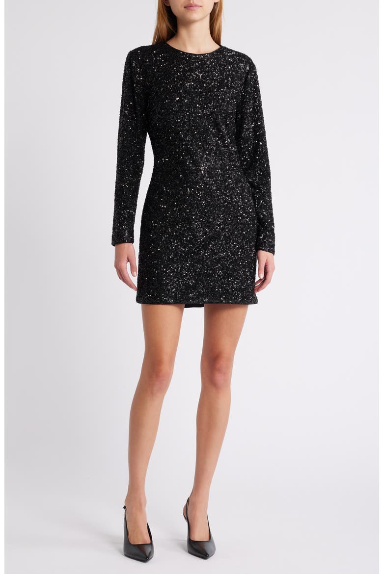 Sequin Long Sleeve Minidress, Main, color, BLACK