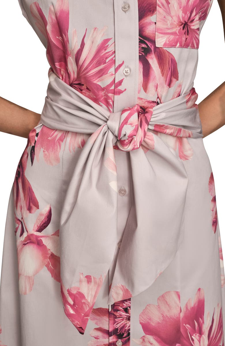 Donna Karan New York Floral Tie Front Cap Sleeve Stretch Cotton Shirtdress, Alternate, color, Pink Sands Multi