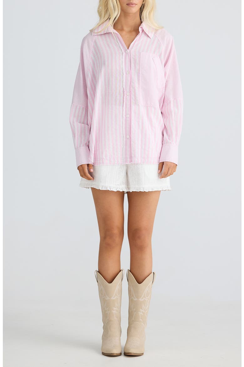 Yellowstone Oversize Stripe Raw Edge Cotton Button-Up Shirt, Alternate, color, PINK STRIPE
