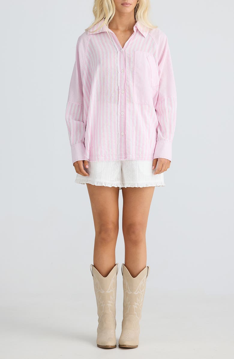 Talisman the Label Yellowstone Oversize Stripe Raw Edge Cotton Button-Up Shirt, Alternate, color,