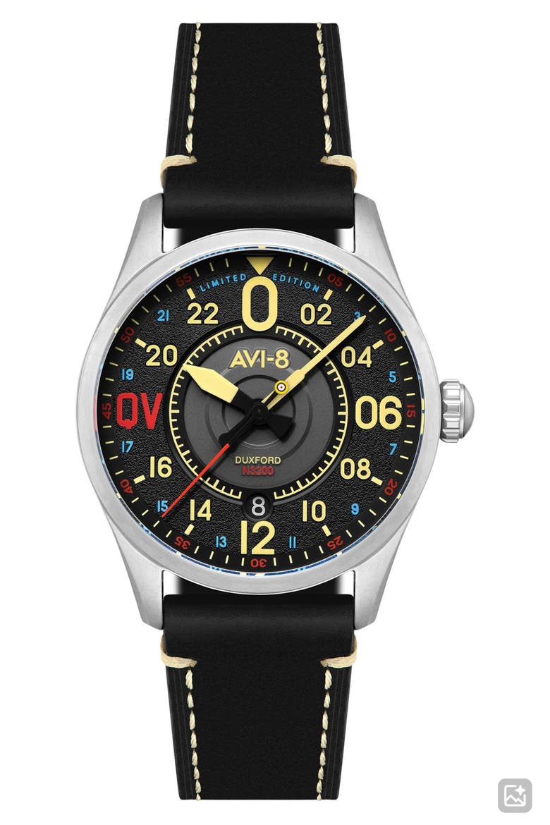x Imperial War Museums Spitfire N3200 Automatic Leather Strap Watch, 42mm, Main, color, BLACK