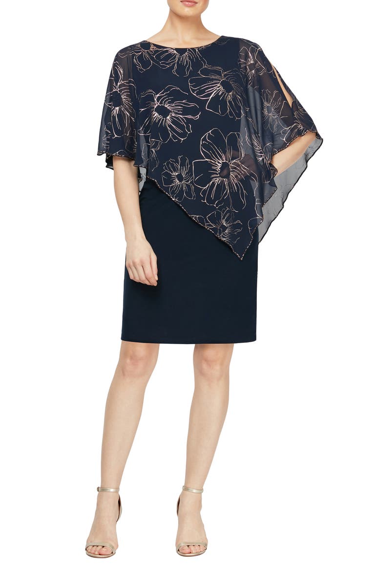 Chiffon Overlay Cocktail Dress, Main, color, NAVY/ ROSE GLD