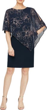 SL FASHIONS Foil Floral Print Asymmetrical Overlay Cocktail Dress