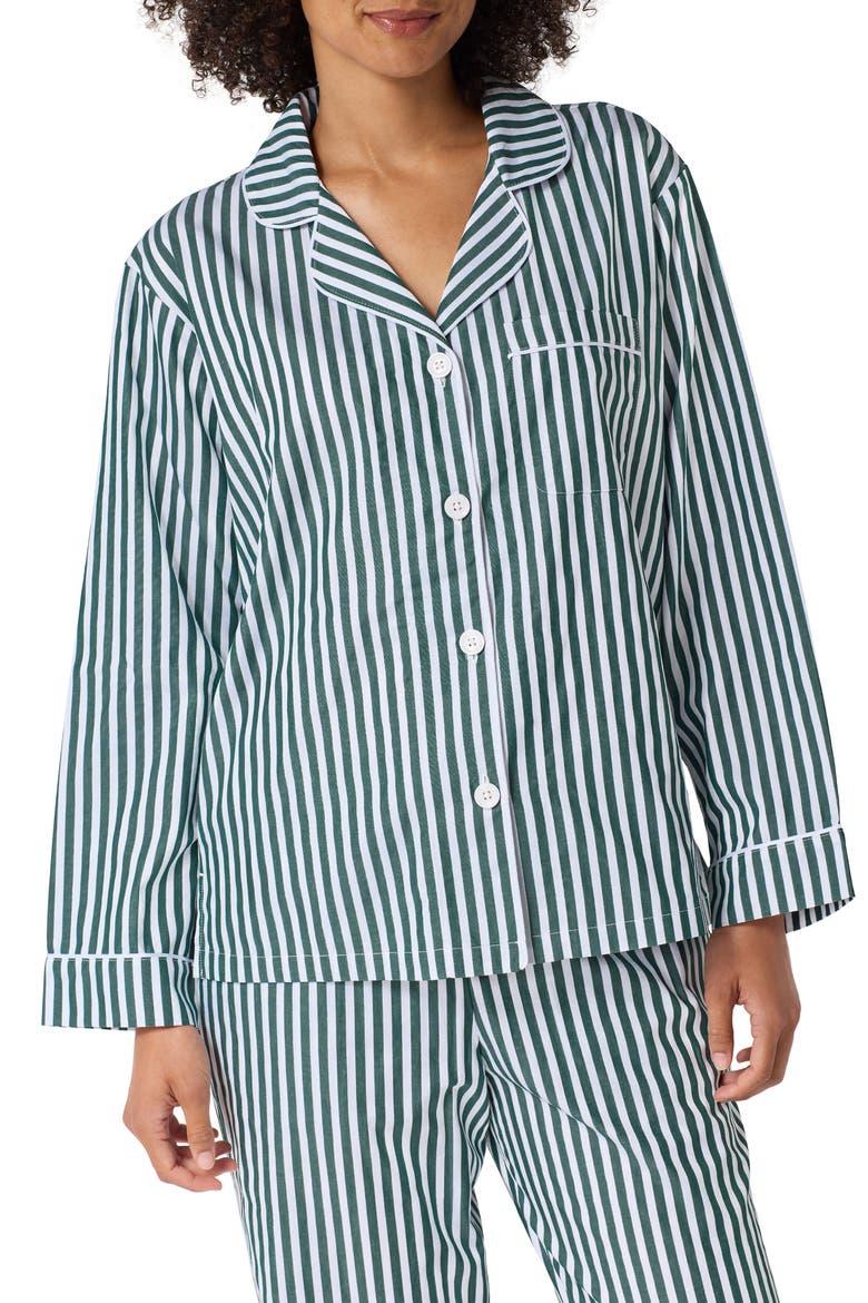 Print Cotton Sateen Pajamas, Alternate, color, 3D STRIPE GREEN