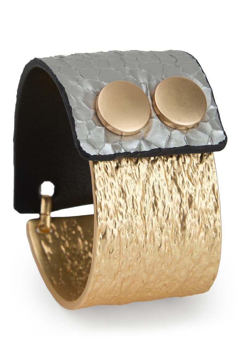 Hammered Metal & Faux Leather Bracelet, Alternate, color, GOLD