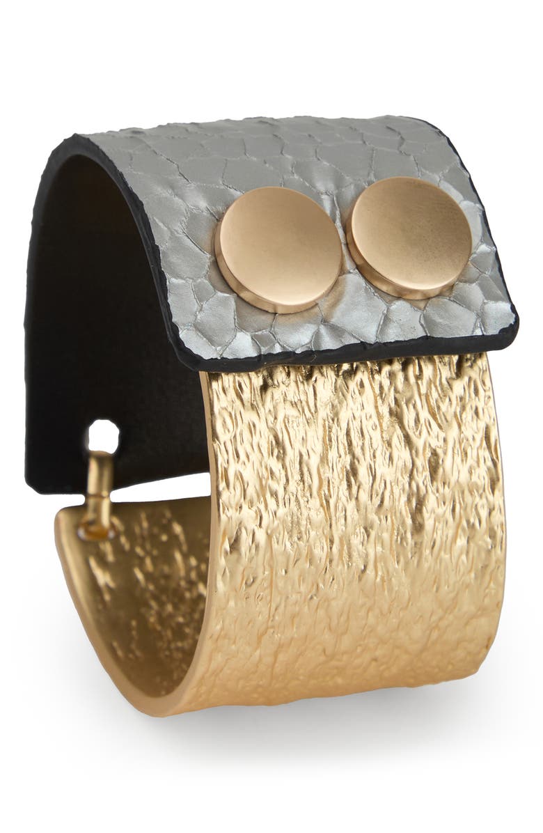 SAACHI Hammered Metal & Faux Leather Bracelet, Alternate, color, Gold