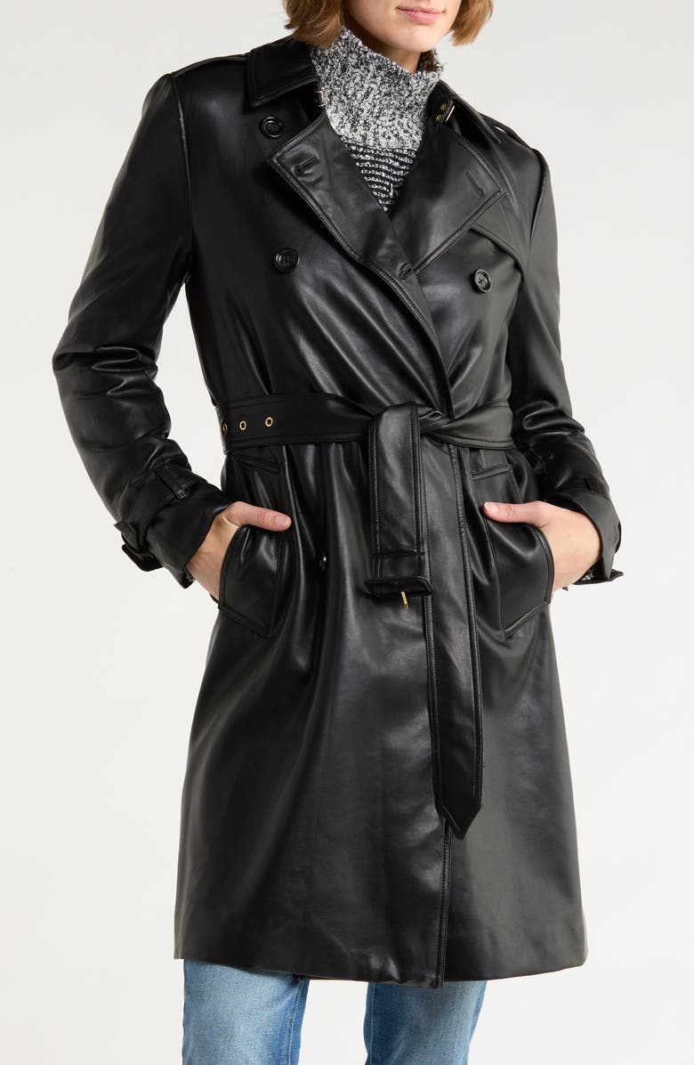 JASON WU Double Breasted Faux Leather Trench Coat, Main, color, Black