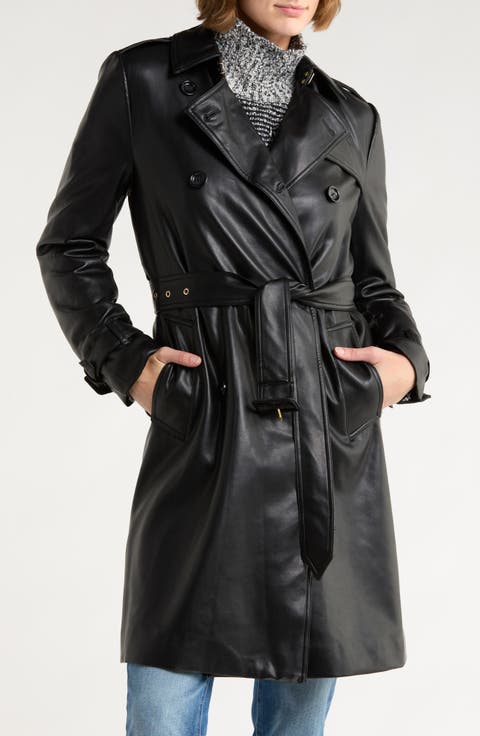 Double Breasted Faux Leather Trench Coat