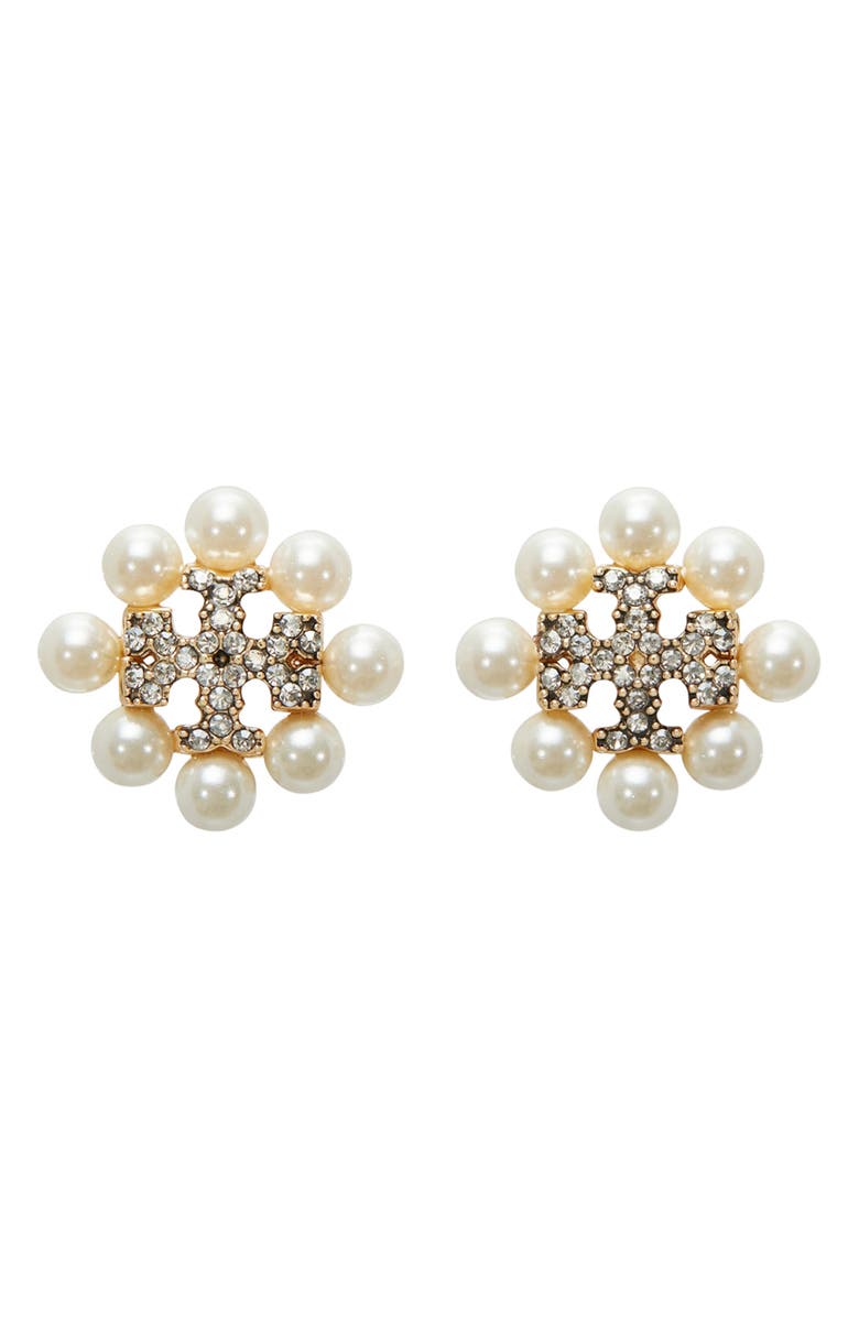 Tory Burch Kira Imitation Pearl Stud Earrings, Main, color, Tory Gold / Pearl / Crystal