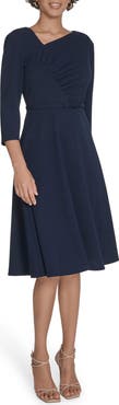 Calvin Klein Asymmetric Neck Belted Fit & Flare Midi Dress