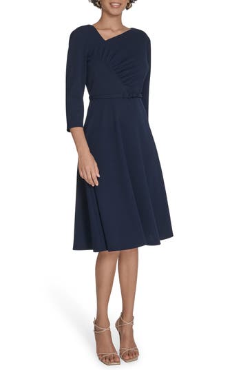 Calvin Klein Asymmetric Neck Belted Fit & Flare Midi Dress In Blue