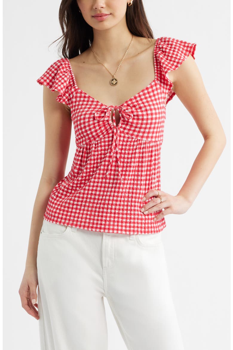 Flutter Sleeve Top, Main, color, RED- WHITE ROBIN GINGHAM