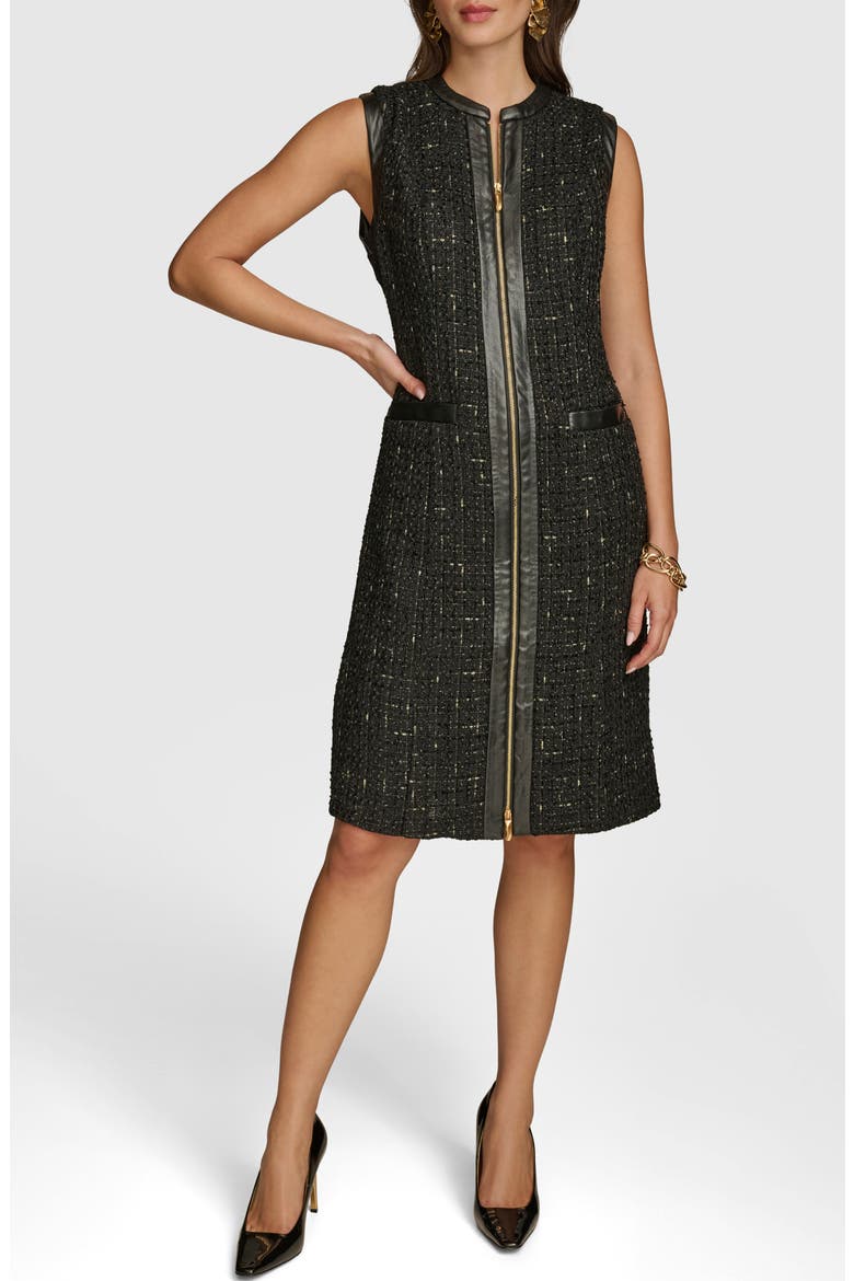 Sleeveless Faux Leather Trim Tweed Dress, Main, color, BLACK
