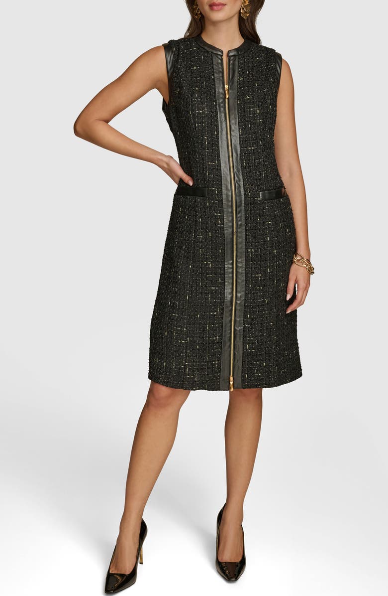 Donna Karan New York Sleeveless Faux Leather Trim Tweed Dress, Main, color, Black