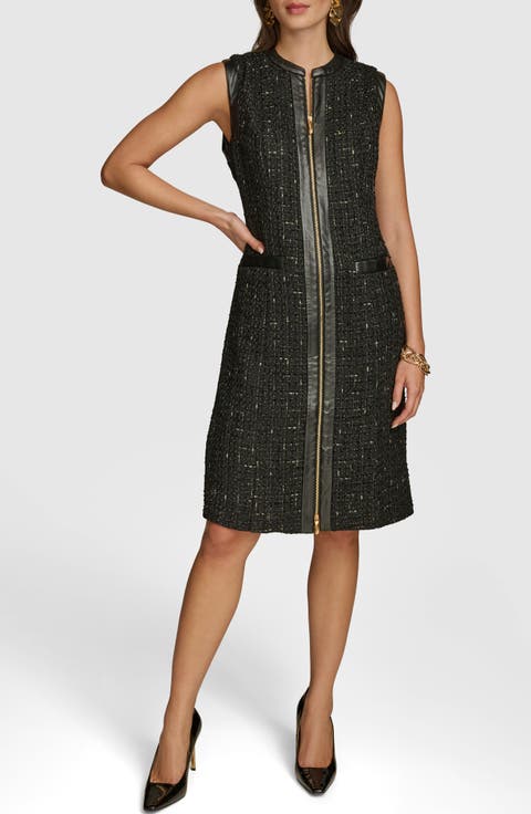 Sleeveless Faux Leather Trim Tweed Dress
