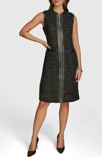 Sleeveless Faux Leather Trim Tweed Dress