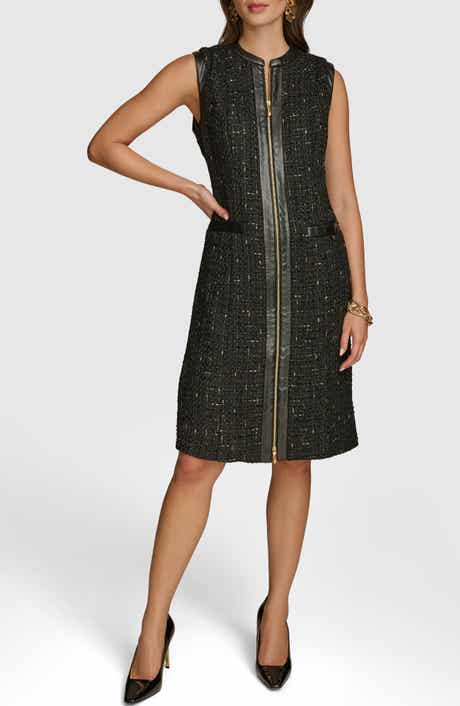 Sleeveless Faux Leather Trim Tweed Dress