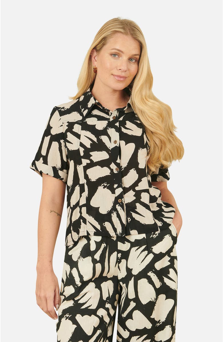 Yumi Short Sleeve Printed Relaxed Fit Shirt, Main, color, Black