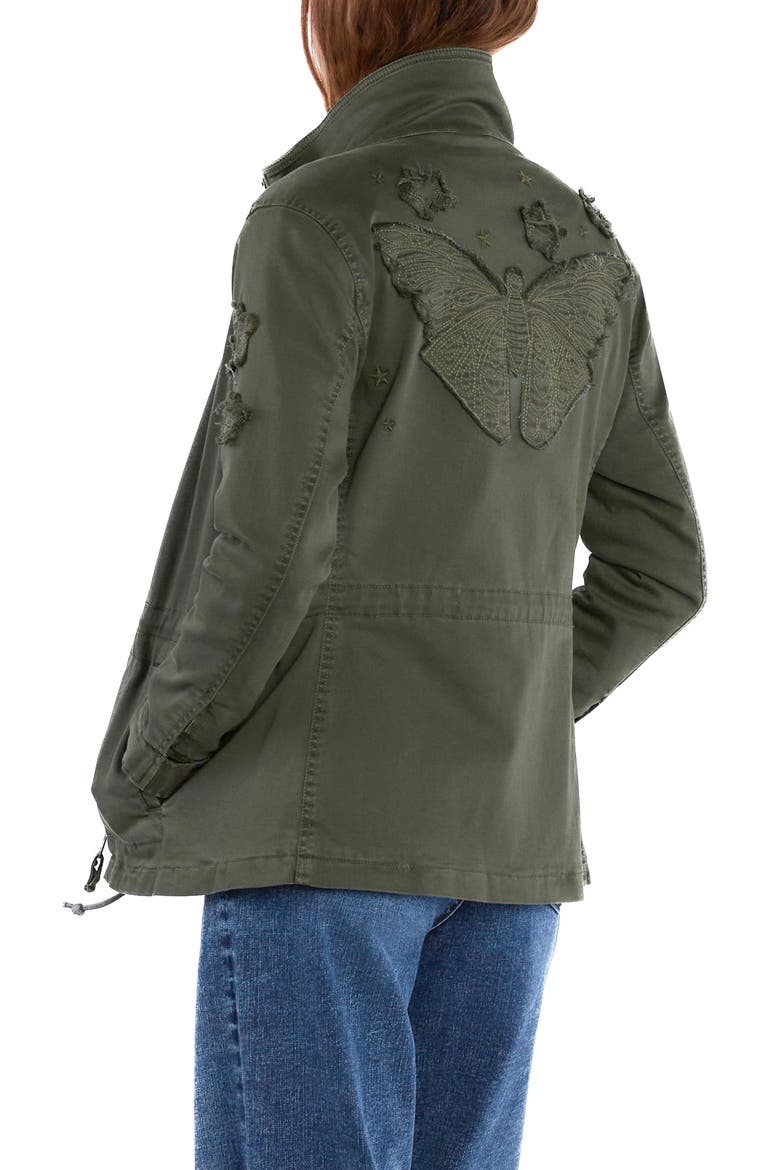 Butterfly Embroidery Cotton Blend Jacket, Alternate, color, ARMY