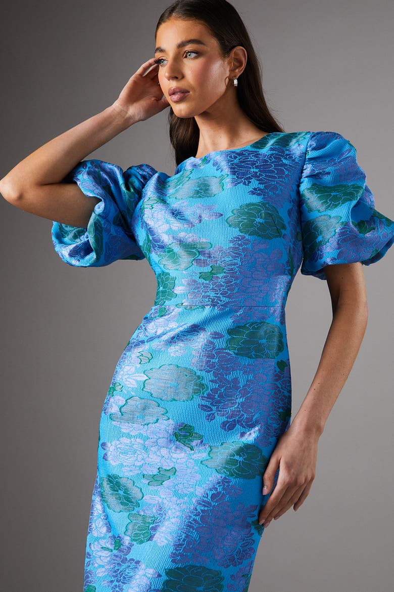 Jacquard Floral Puff Sleeve Midi Dress, Alternate, color, Blue