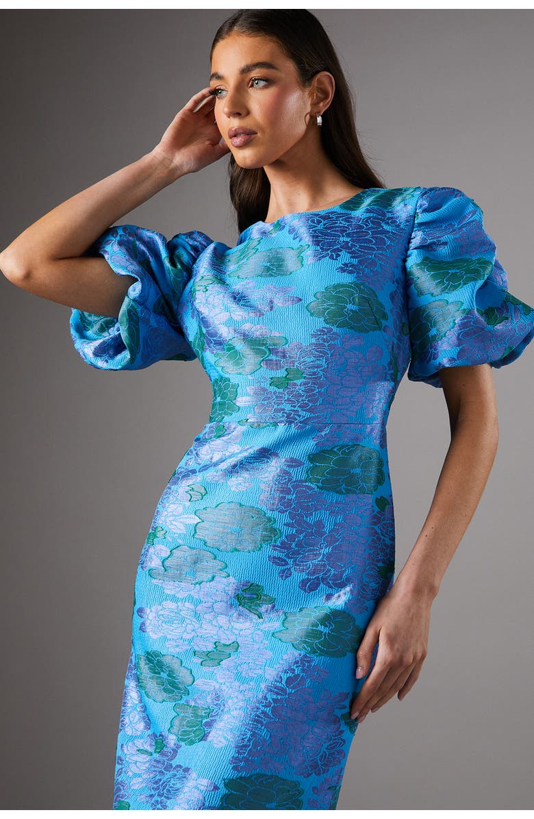 Coast Jacquard Floral Puff Sleeve Midi Dress, Alternate, color, Blue