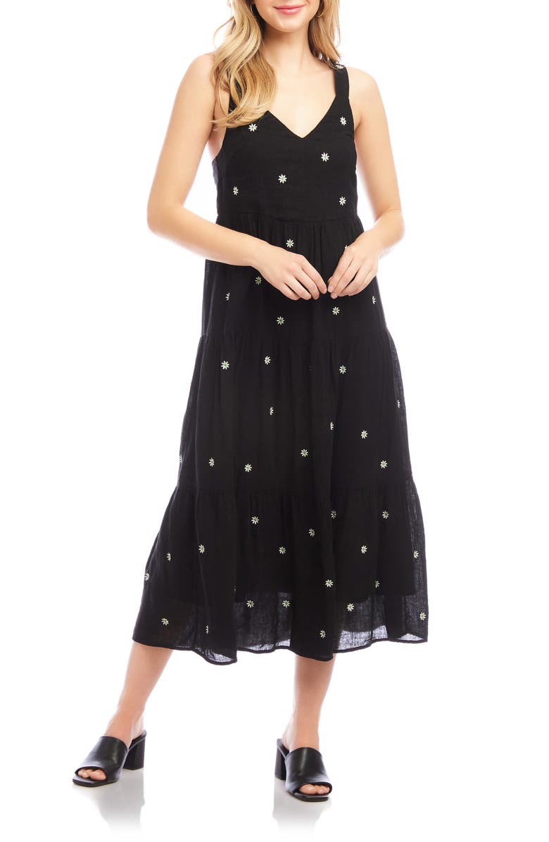 Karen Kane Embroidered Tiered Sleeveless Midi Dress, Main, color, Black