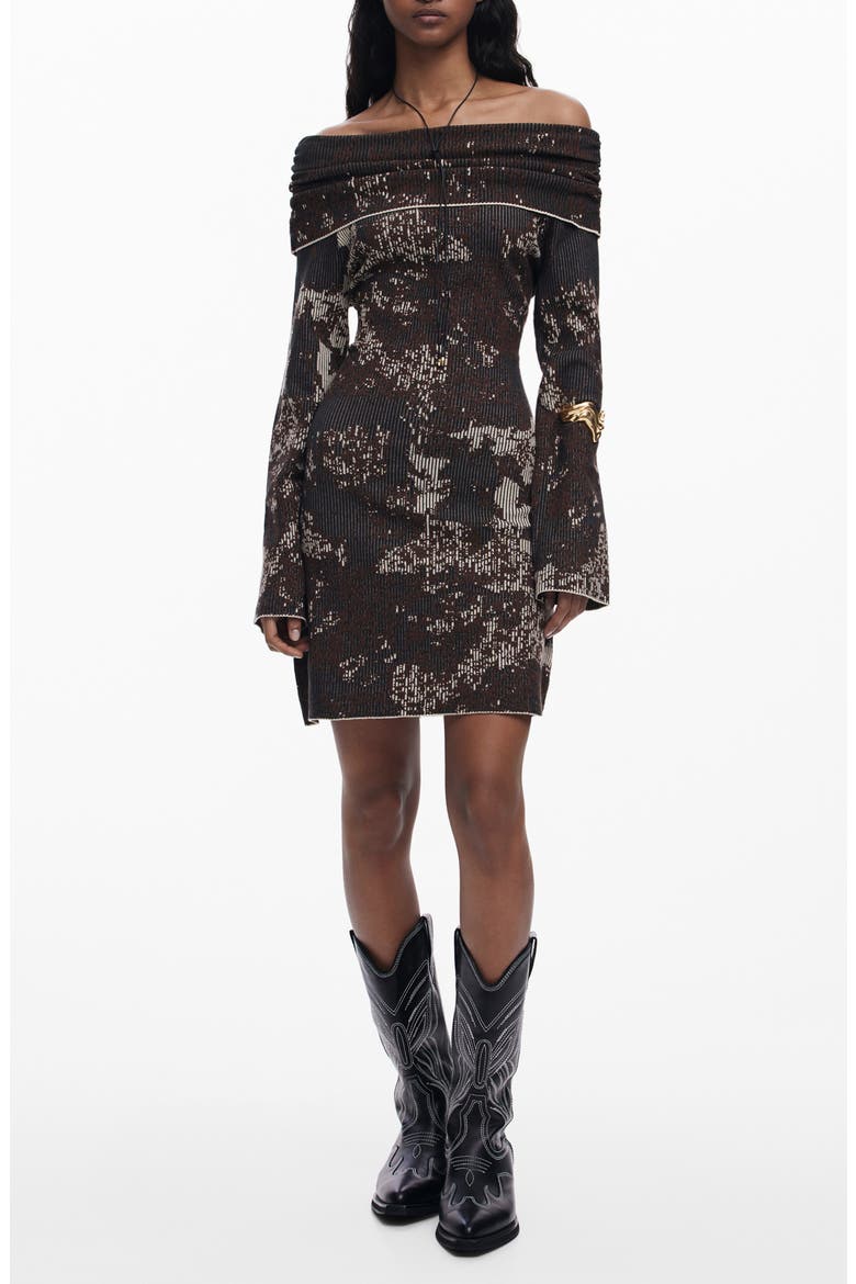 Off the Shoulder Long Sleeve Rib Dress, Main, color, BROWN
