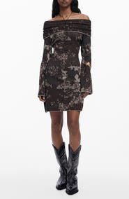 Desigual Off the Shoulder Long Sleeve Rib Dress