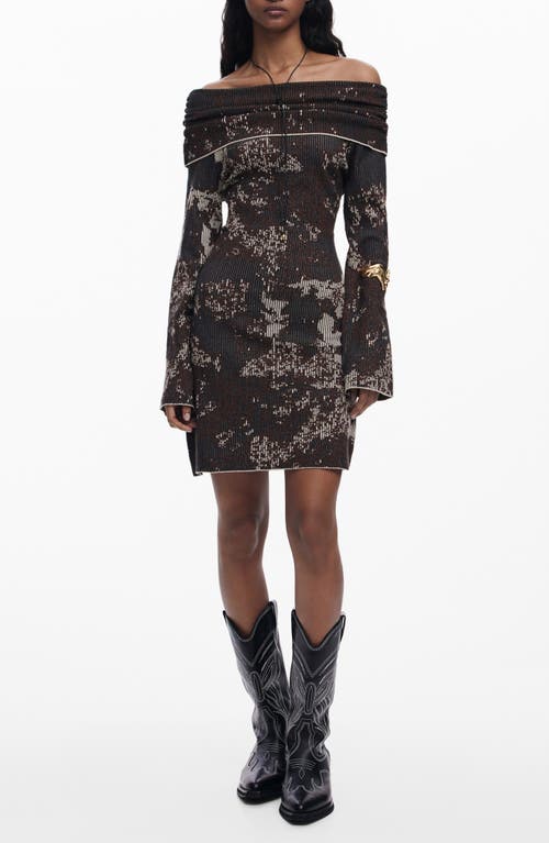 Desigual Off The Shoulder Long Sleeve Rib Dress In Brown