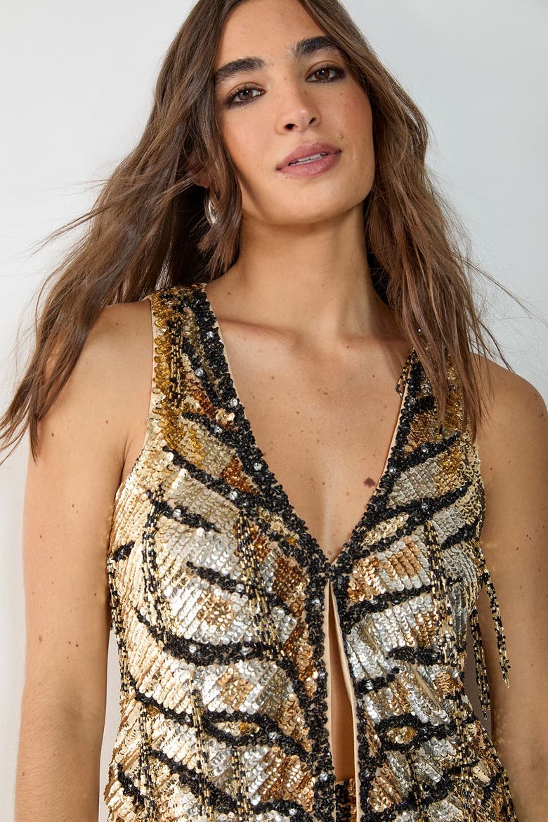 Hand Embellished Tassel Sequin Waistcoat, Alternate, color, Gold