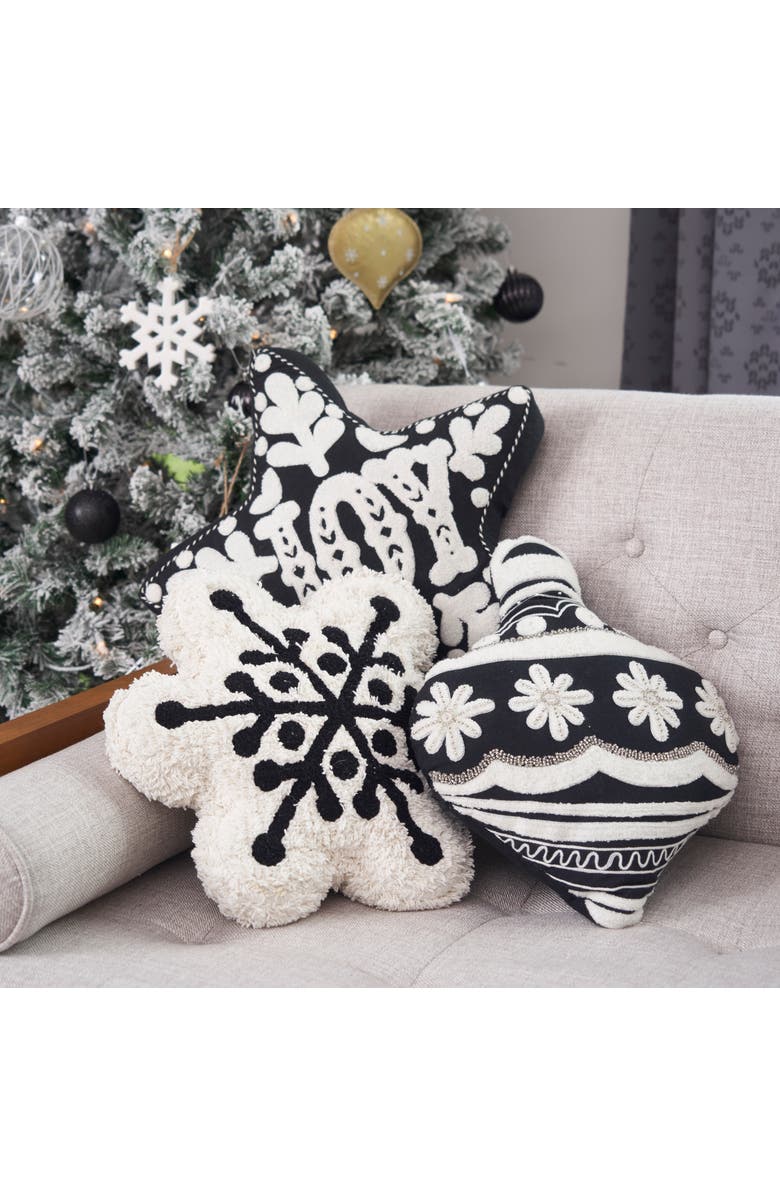 carol & frank Onyx "Joy" Snowflakes Star Shaped Cotton Blend Christmas Accent Throw Pillow 16" x 18", Alternate, color, Black