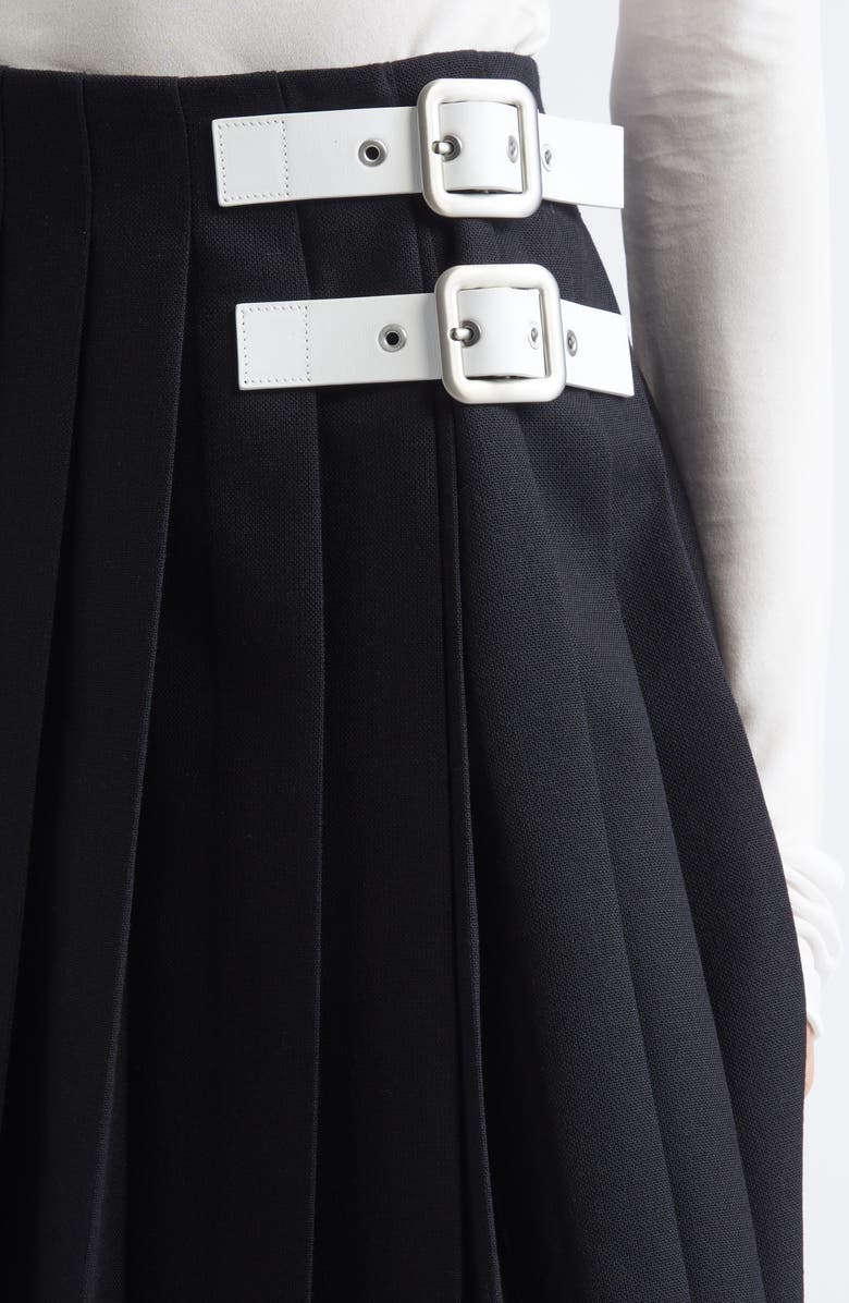 Jil Sander Belted Waist Raw Hem Pleated Wool Canvas Skirt, Alternate, color, Black