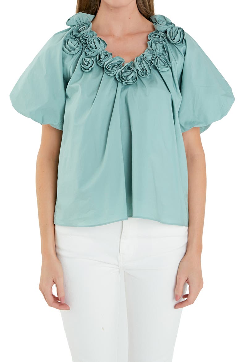 Rosette Puff Sleeve Cotton Poplin Top, Alternate, color, SAGE