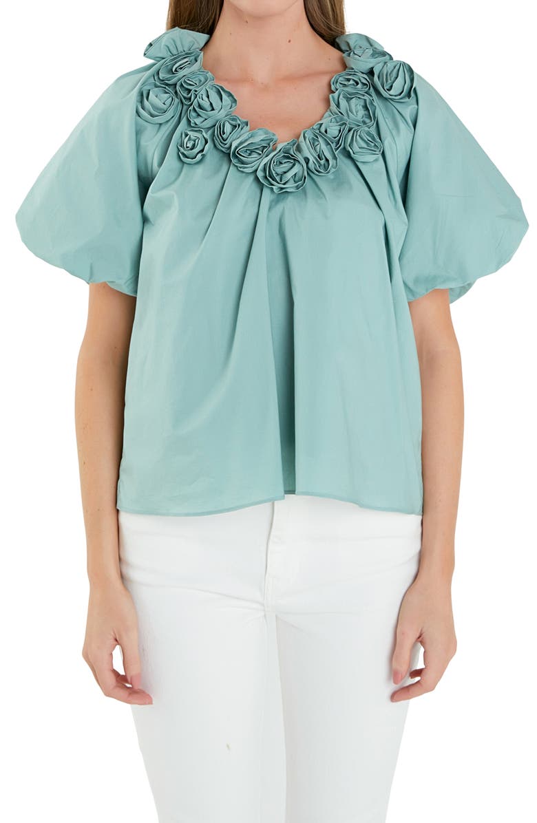 English Factory Rosette Puff Sleeve Cotton Poplin Top, Alternate, color, Sage