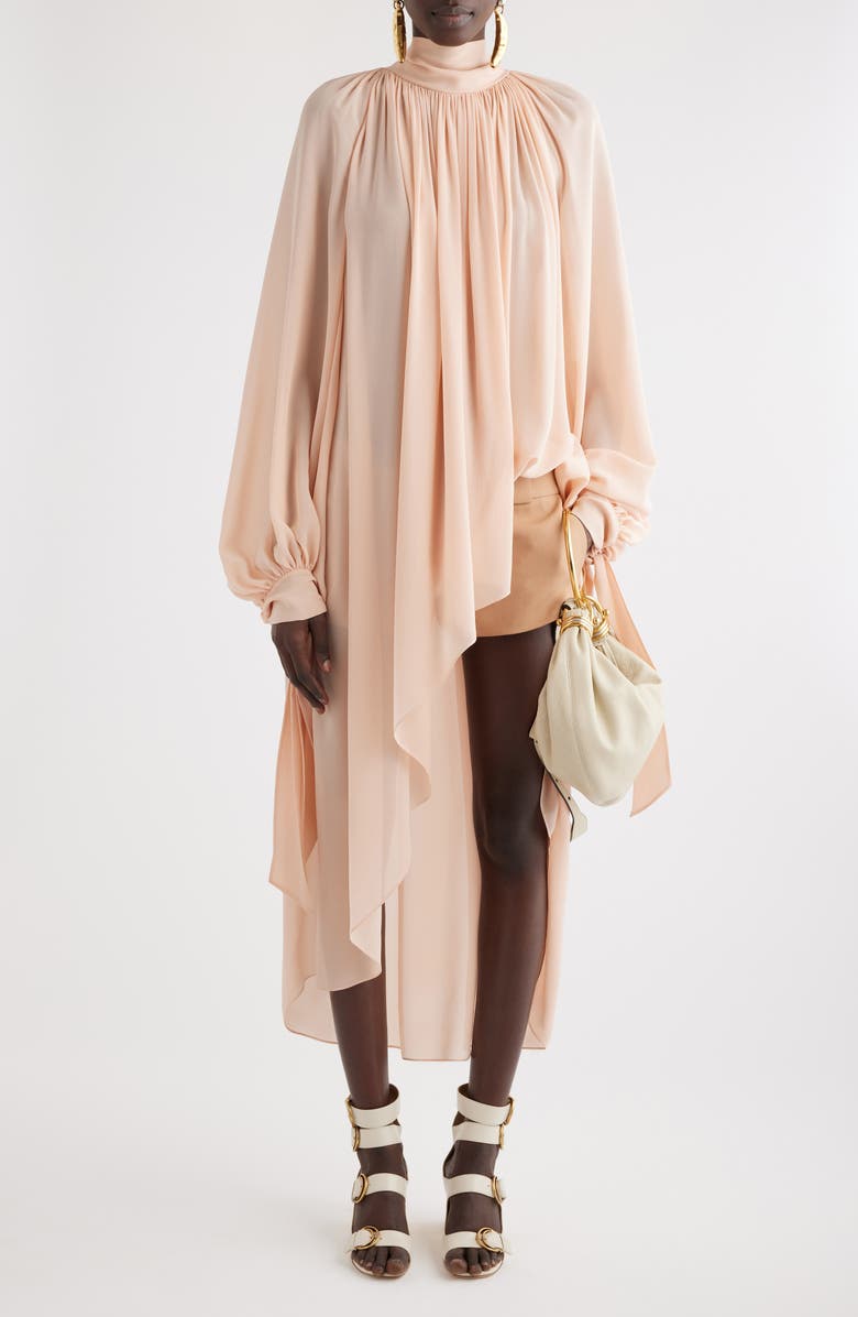 Chloé Long Sleeve High-Low Silk Crepe Dress, Main, color,